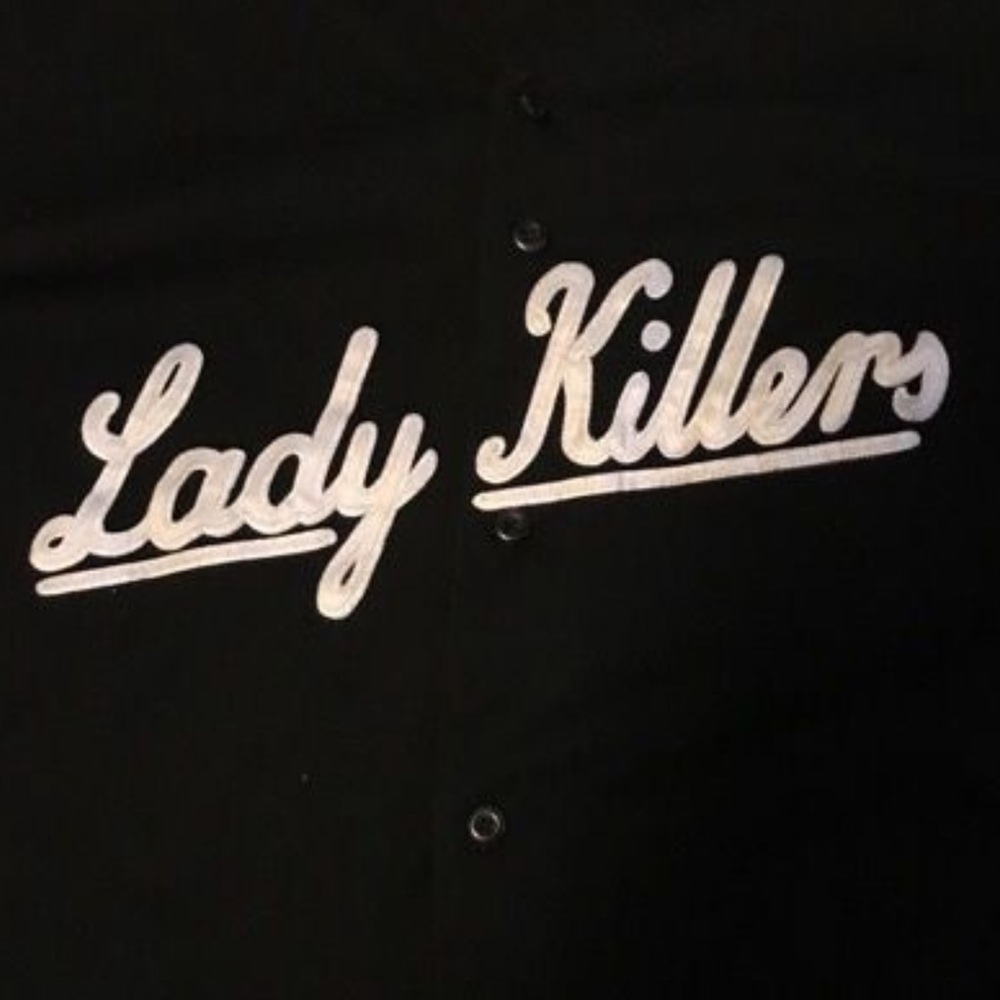 Black Button-Up Shirt with White Script